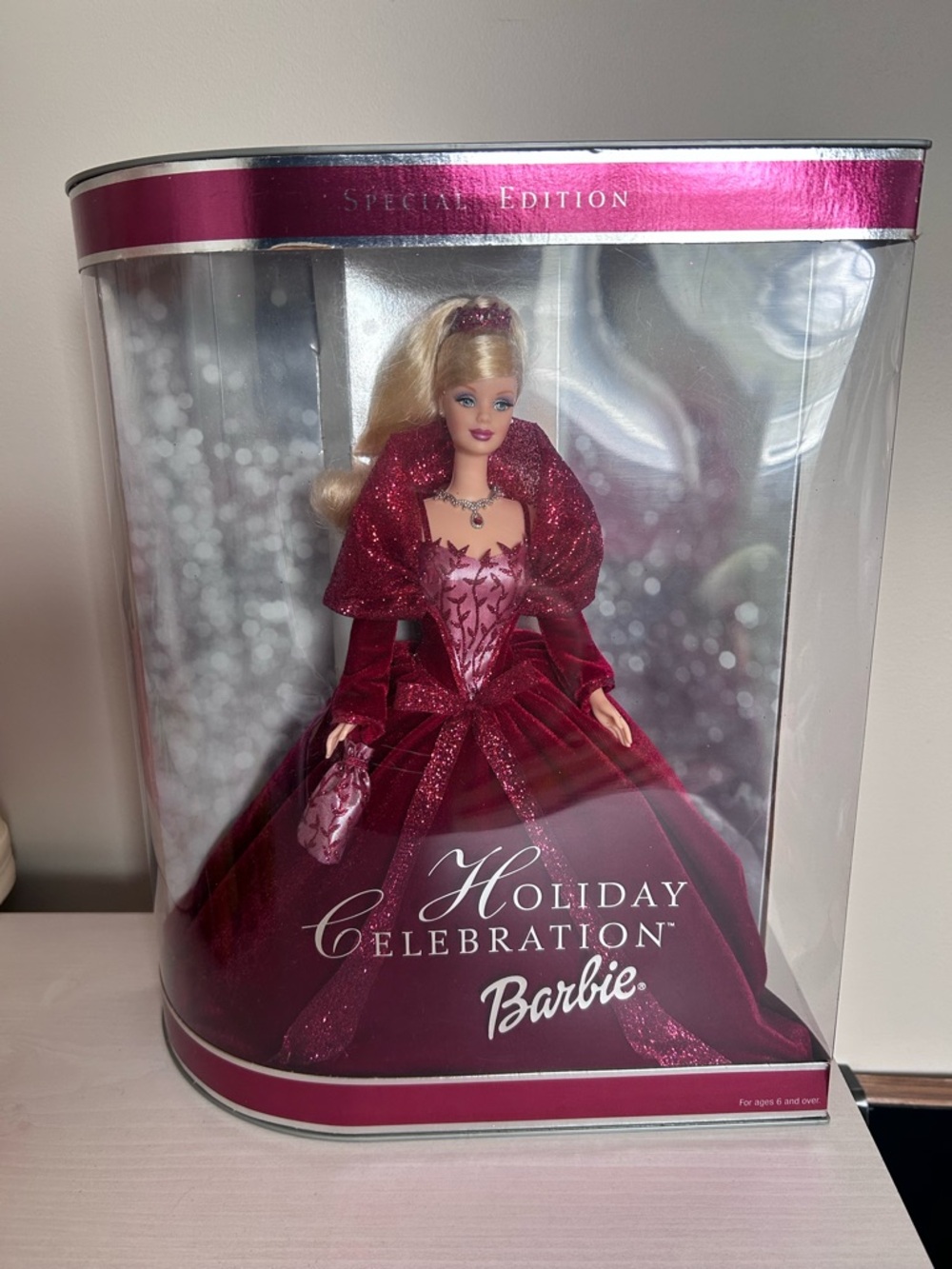 Hallmark Barbie 2002 Holiday Celebration - Velvety shade of burgundy dress.